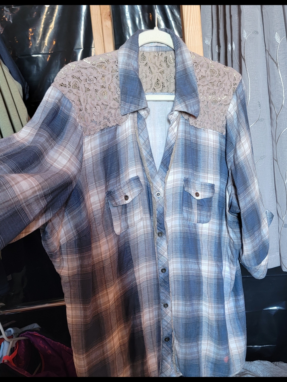Maurices Blue Plaid Button-Down Shirt with Cream Lace Yoke
